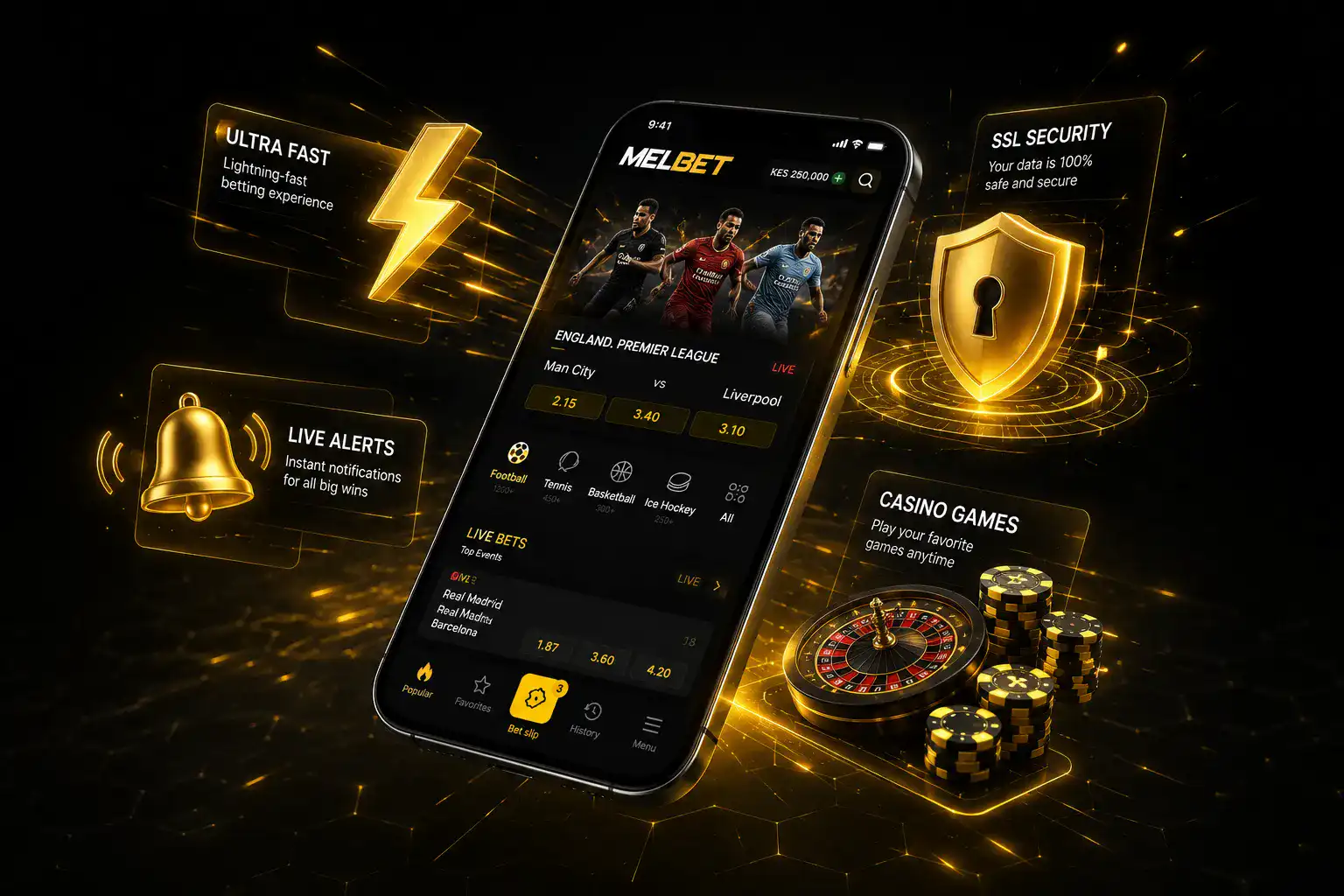 Melbet Ghana app feature overview showing sports betting interface and casino games