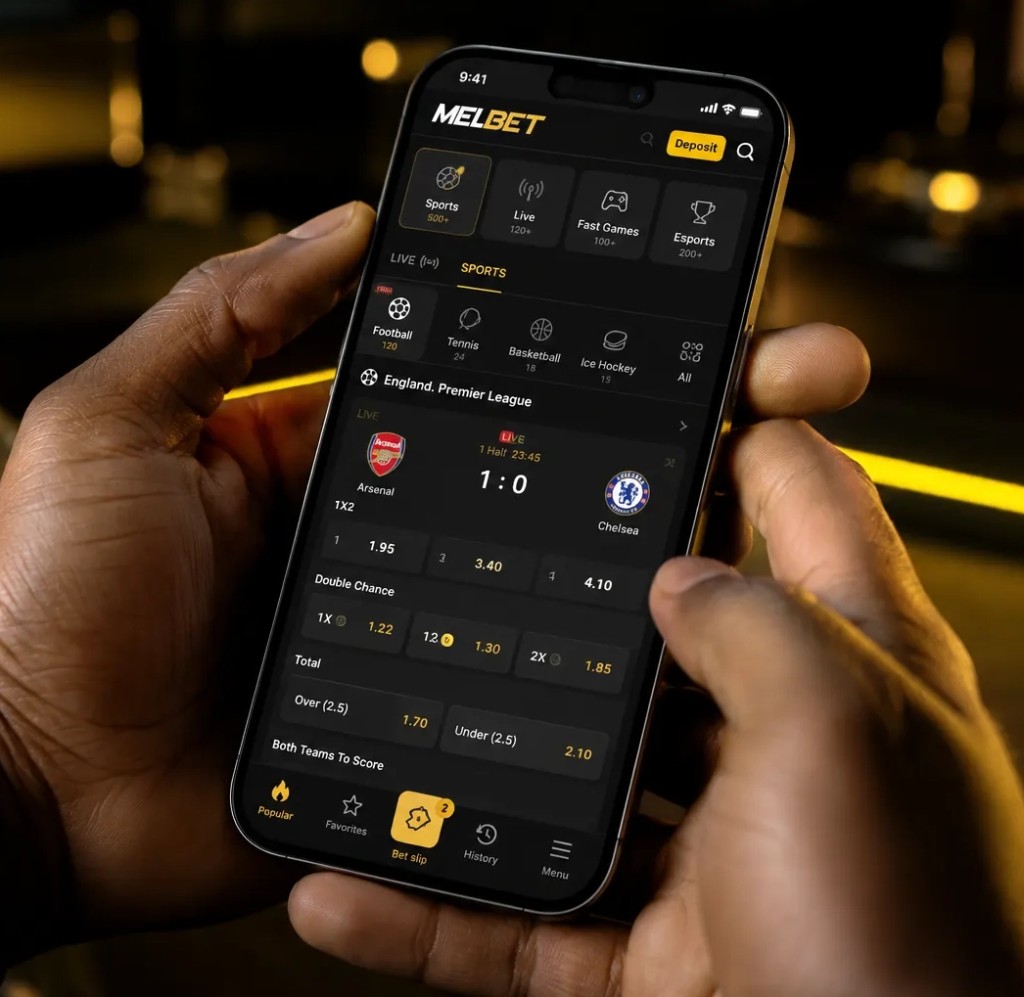 Melbet Nigeria mobile app interface mockup on smartphone showing live football betting